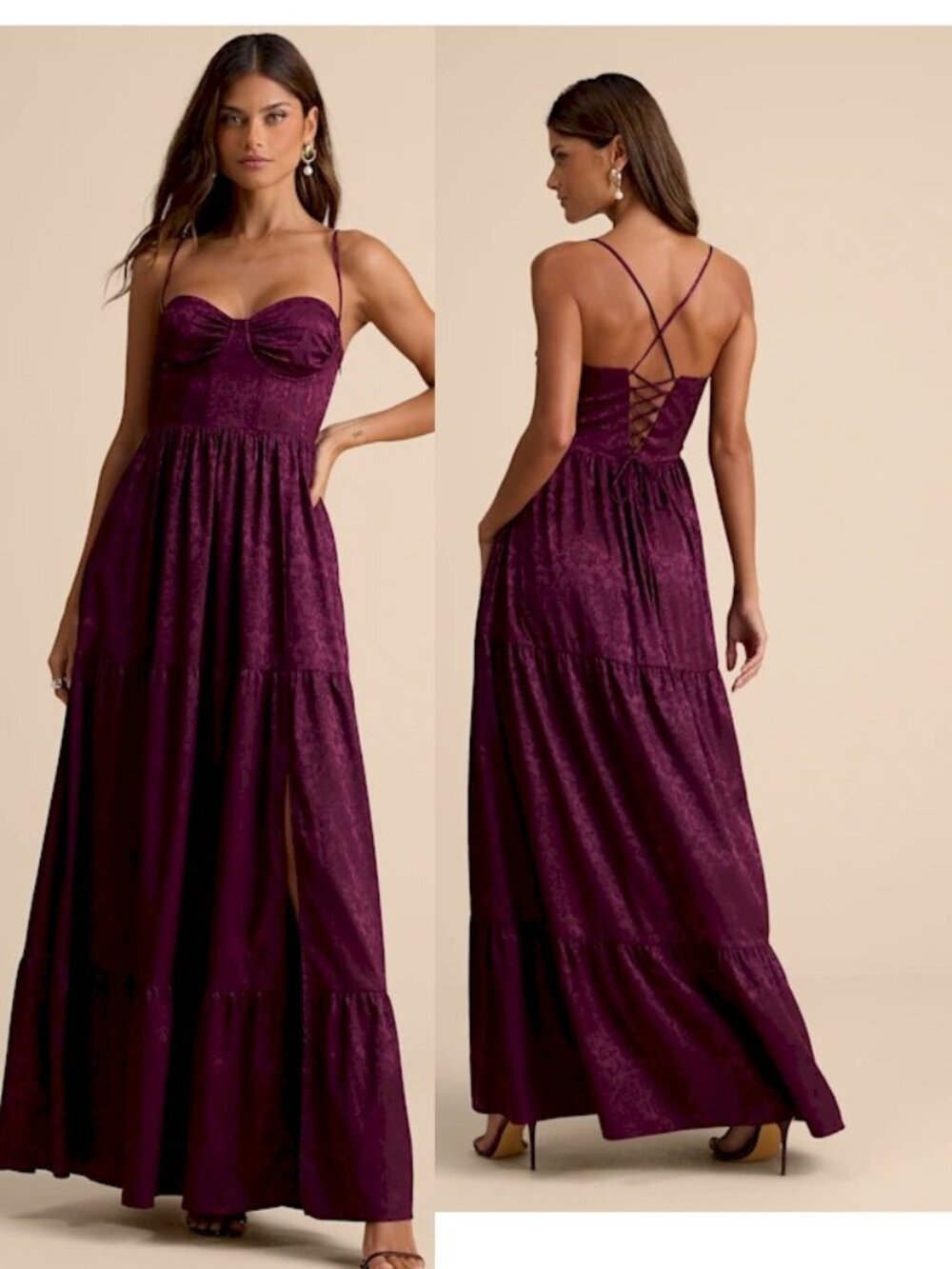 Lulus Vasilia Plum Satin Jacquard Tiered Corset Maxi Dress Medium New NWT - Picture 2 of 7